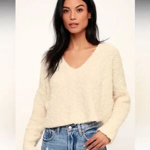 Free People Popcorn V Neck Pullover Sweater Boho Fall Teddy Sherpa Ivory Large